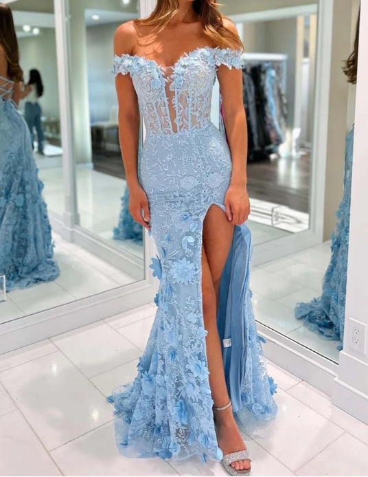 Sheer Corset Bodice Prom Dress with 3D Flowers