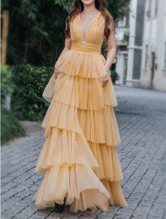 A-Line Champagne Long Tiered Prom Dress