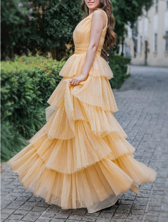A-Line Champagne Long Tiered Prom Dress
