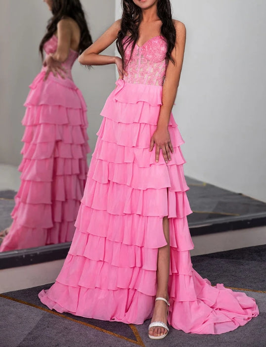 Strapless Prom Dress with Leaf Lace Corset Top