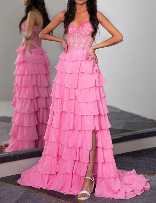 Strapless Prom Dress with Leaf Lace Corset Top