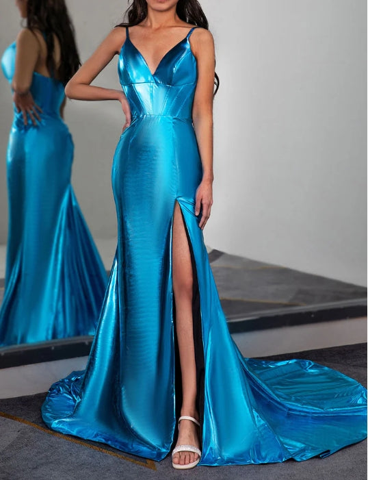 Silky Stretch Satin Prom Gown with High Slit