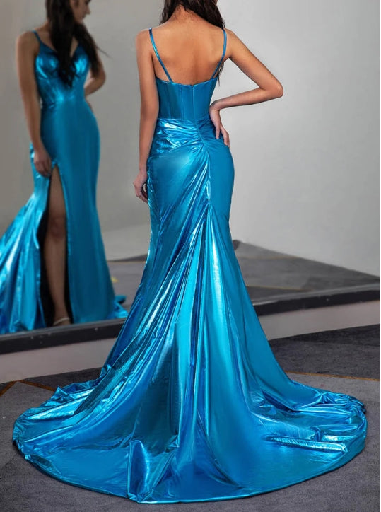 Silky Stretch Satin Prom Gown with High Slit
