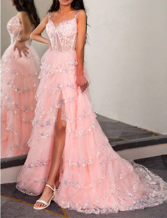 Sheer Corset Bodice Ruffle Prom Dress