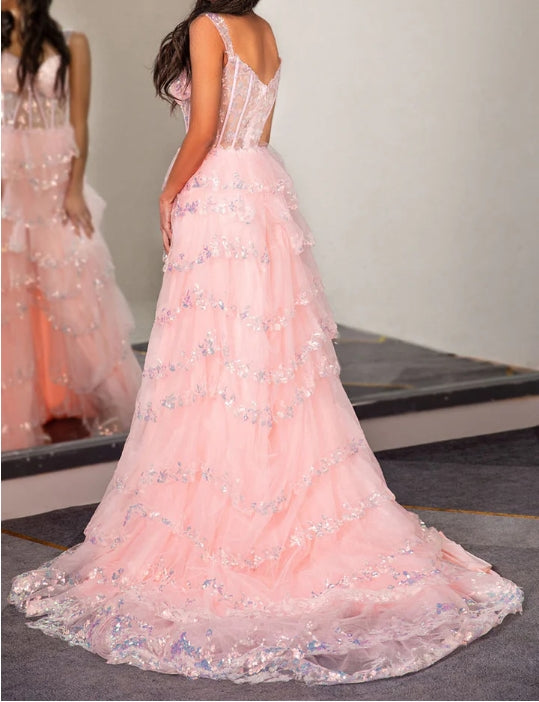 Sheer Corset Bodice Ruffle Prom Dress