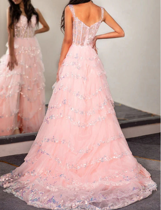 Sheer Corset Bodice Ruffle Prom Dress