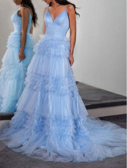 Light Blue Long Cute Prom Dress
