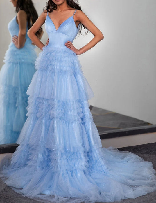 Light Blue Long Cute Prom Dress