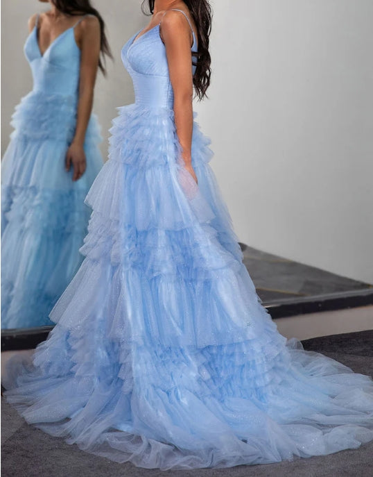 Light Blue Long Cute Prom Dress