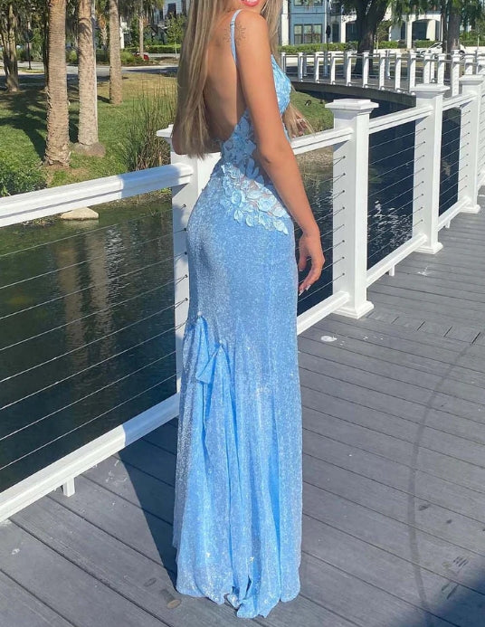 3D Flowers Slit Sequin Prom Dress
