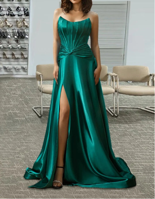 Strapless Dark Green Prom Dress with Slit