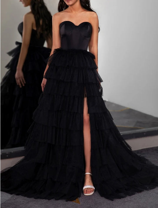 Strapless Slit Prom Gown with Corset Bodice