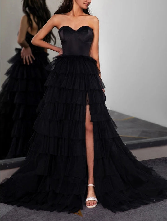 Strapless Slit Prom Gown with Corset Bodice