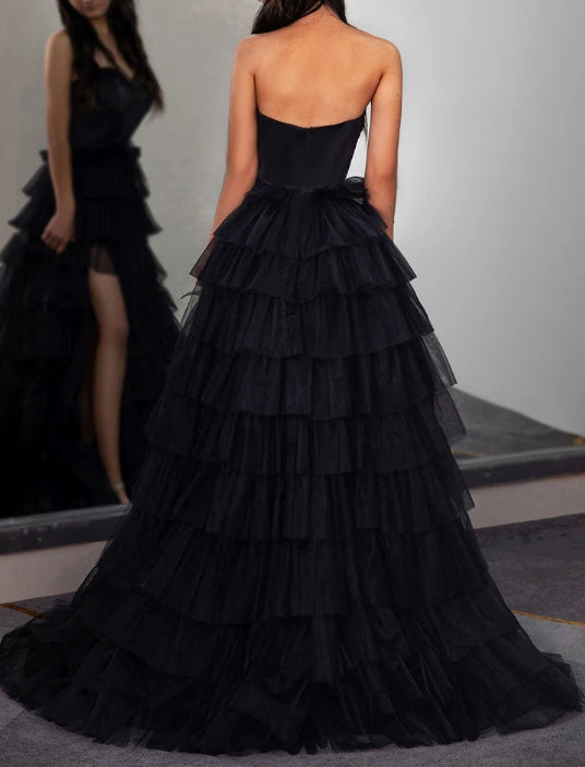 Strapless Slit Prom Gown with Corset Bodice