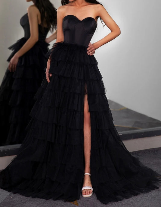 Strapless Slit Prom Gown with Corset Bodice