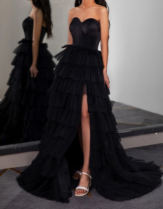 Strapless Slit Prom Gown with Corset Bodice