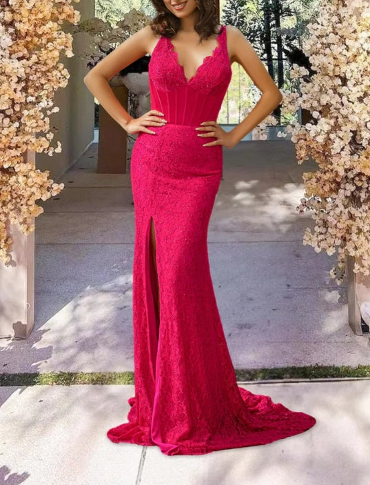 Stunning Slit Corset Pink Prom Dress