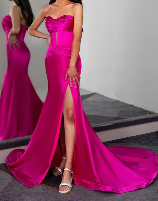 Fuchsia Strapless Ruched Prom Dress