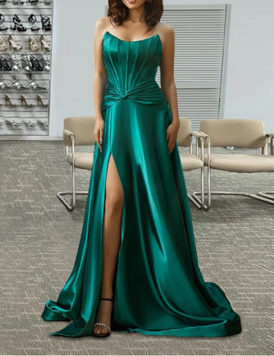 Strapless Satin Prom Dress with Slit