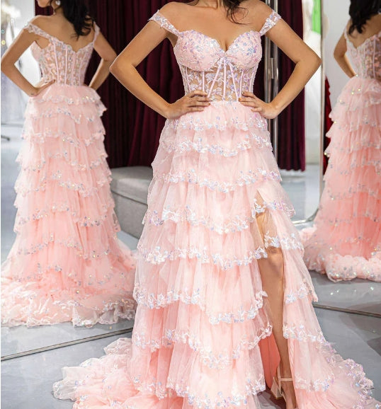 Side Slit Sheer Corset Bodice Prom Dress