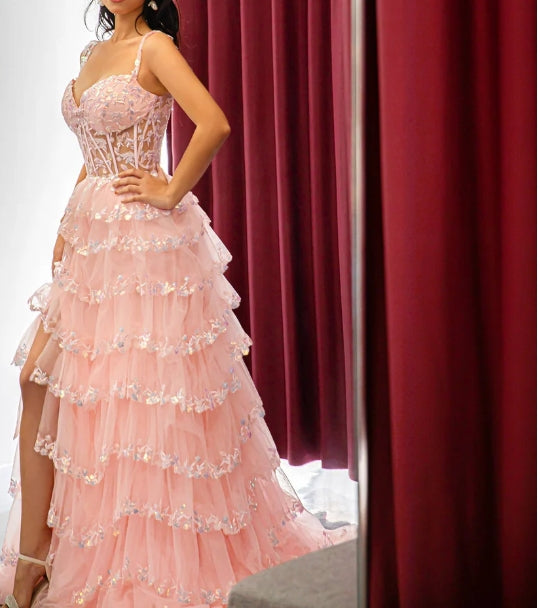 Side Slit Sheer Corset Bodice Prom Dress
