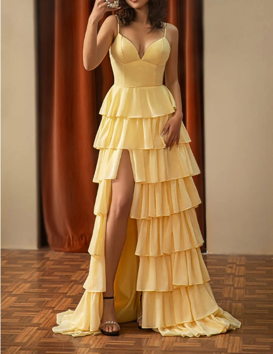 Cute yellow Prom Dresses with front slit