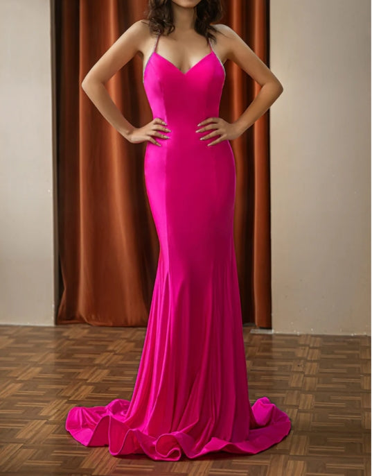 Fitted Pink Open Back Prom Dress