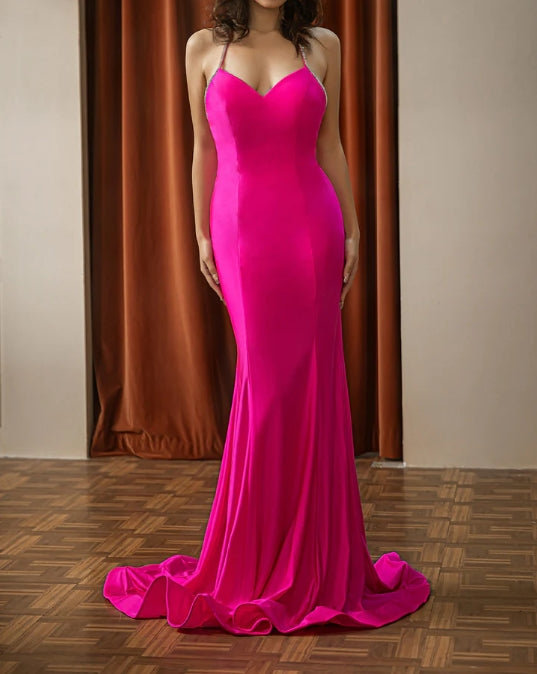 Fitted Pink Open Back Prom Dress