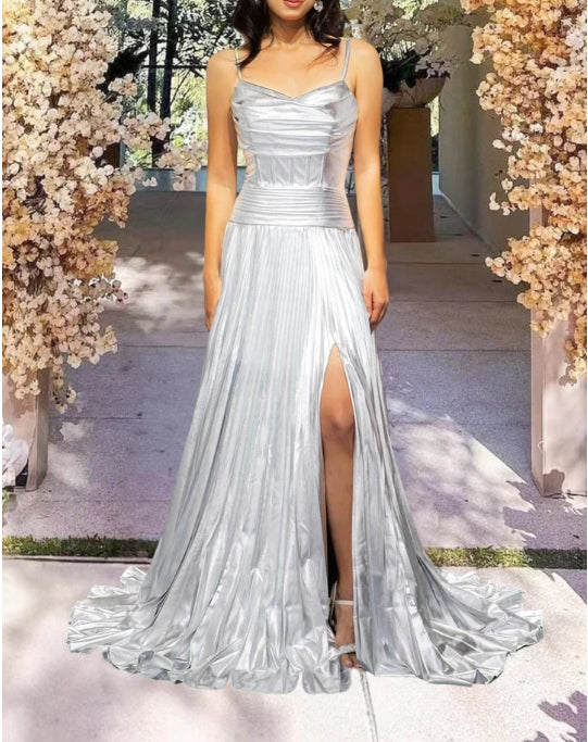 Silver Pleated Prom Dress with Slit