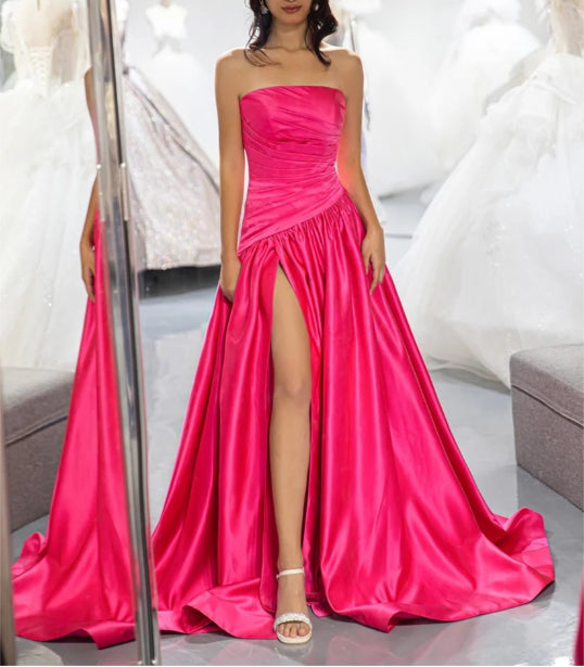 Strapless Pink High Slit Prom Dress