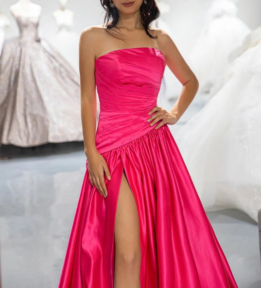 Strapless Pink High Slit Prom Dress