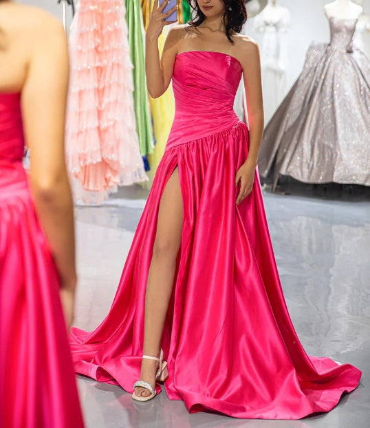 Strapless Pink High Slit Prom Dress