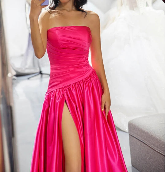 Strapless Pink High Slit Prom Dress