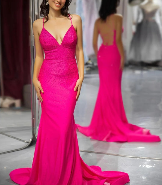 Fitted Front side fork Pink Beaded Prom Dress