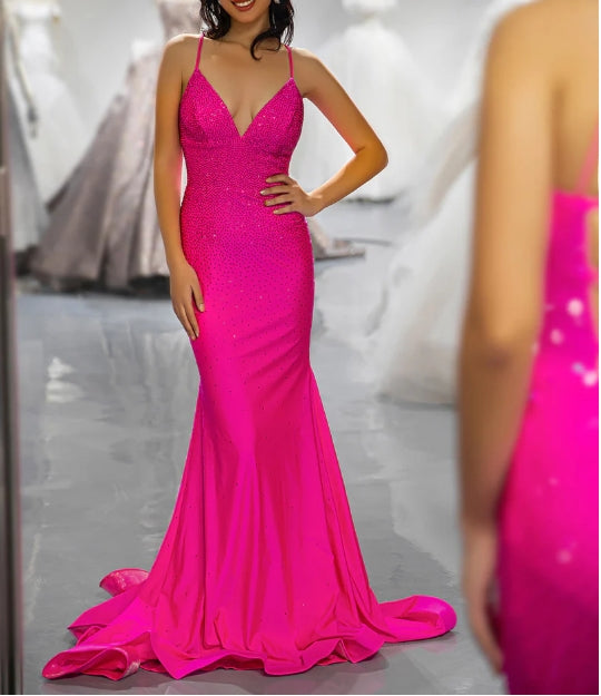 Fitted Front side fork Pink Beaded Prom Dress