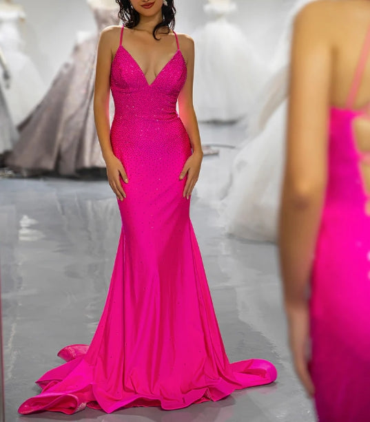 Fitted Front side fork Pink Beaded Prom Dress