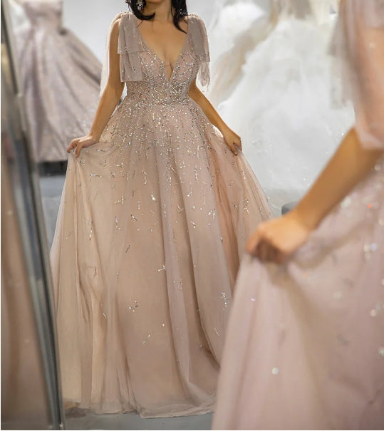 Champagne Beaded Prom Dress with Tulle Bows