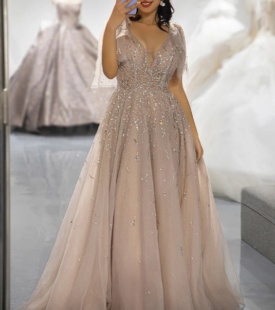 Champagne Beaded Prom Dress with Tulle Bows