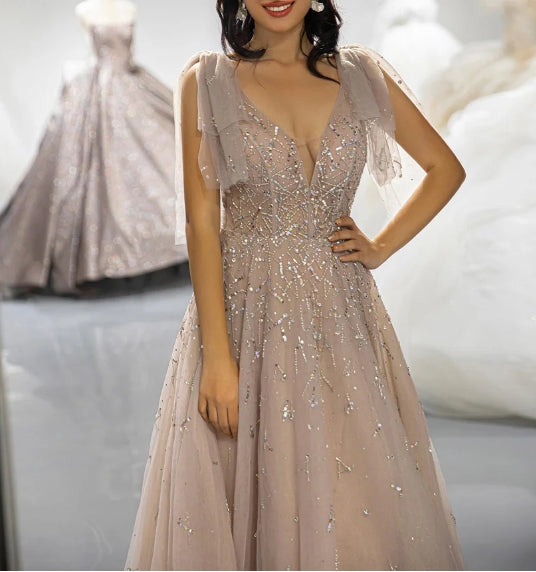 Champagne Beaded Prom Dress with Tulle Bows
