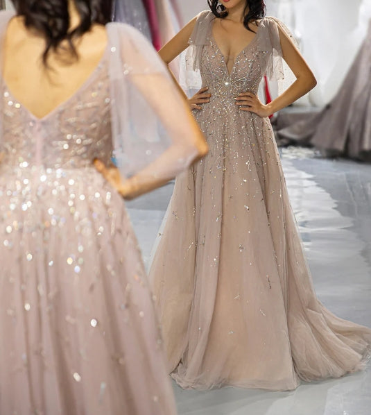 Champagne Beaded Prom Dress with Tulle Bows