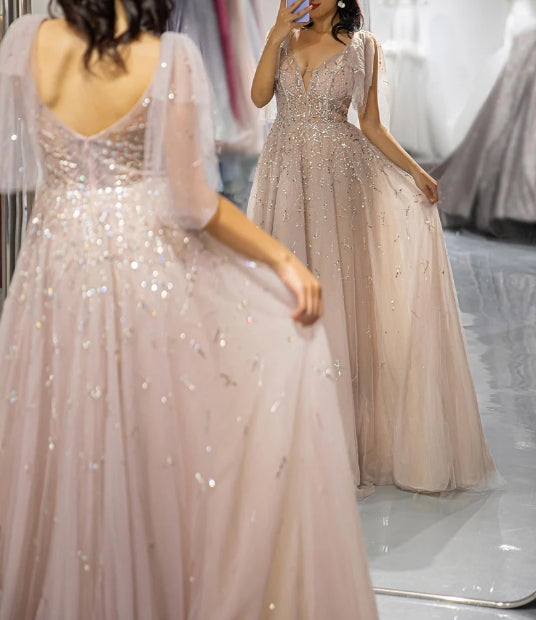 Champagne Beaded Prom Dress with Tulle Bows