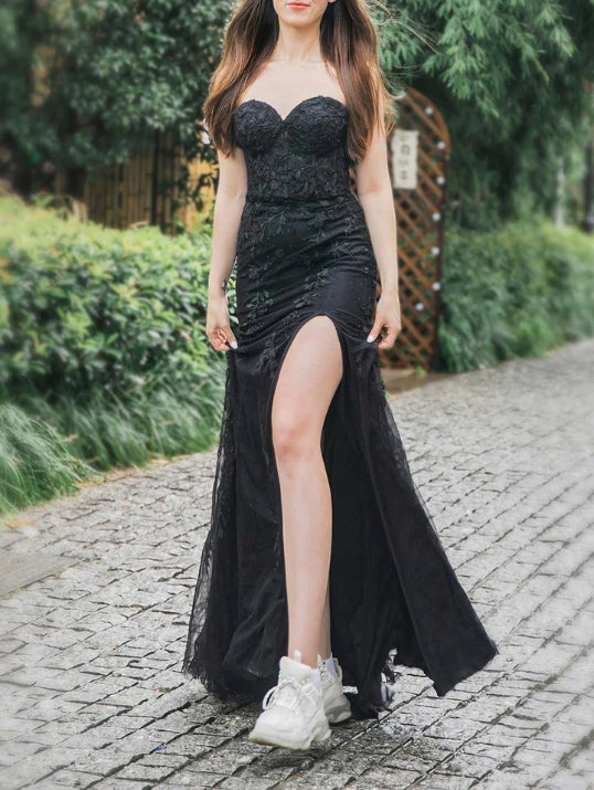 Long Sweetheart Appliques Side Split Prom Dress