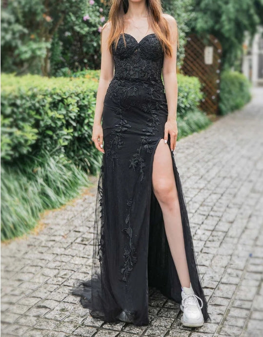 Long Sweetheart Appliques Side Split Prom Dress