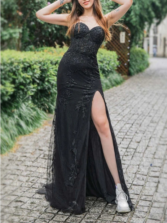 Long Sweetheart Appliques Side Split Prom Dress