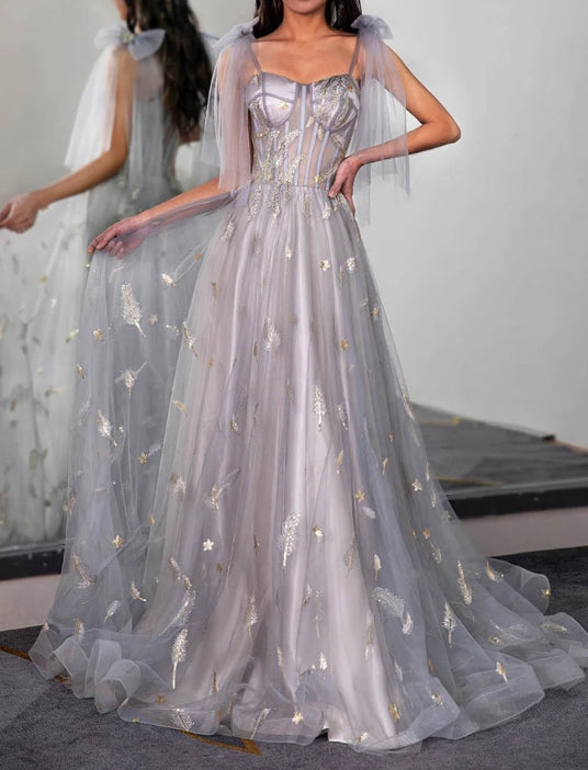 Tulle Sheer Corset Bodice Prom Dress with Feather Embroidery