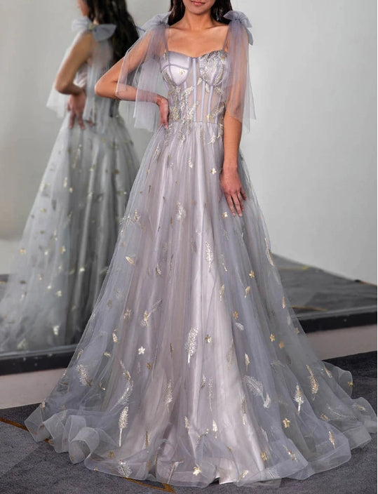 Tulle Sheer Corset Bodice Prom Dress with Feather Embroidery