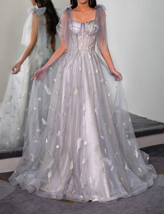 Tulle Sheer Corset Bodice Prom Dress with Feather Embroidery