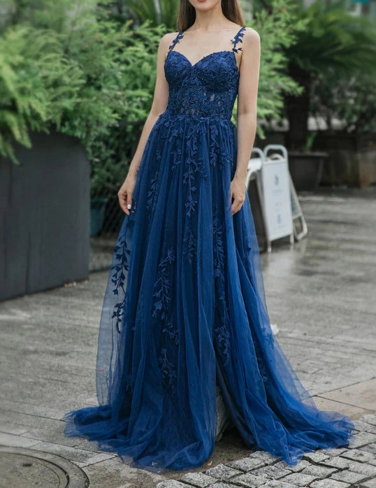 A-line Tulle Appliques Prom Dress with Split
