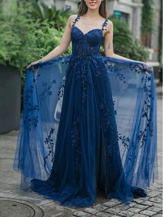 A-line Tulle Appliques Prom Dress with Split