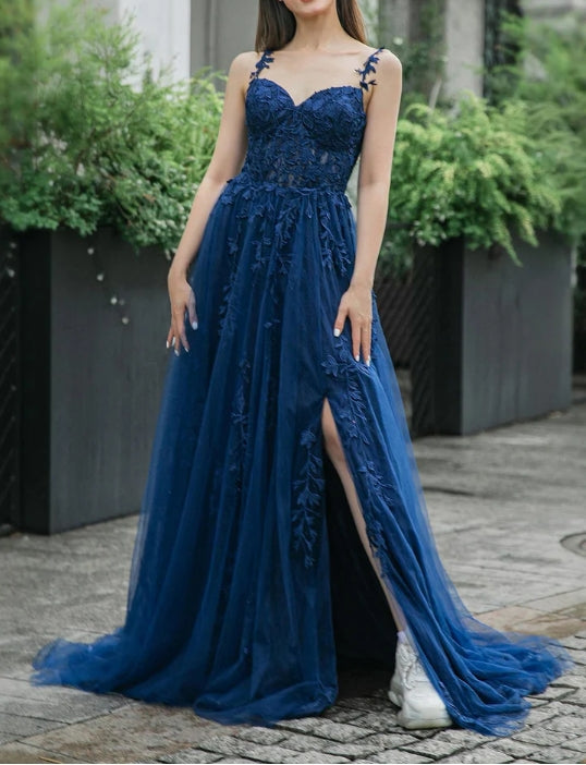 A-line Tulle Appliques Prom Dress with Split